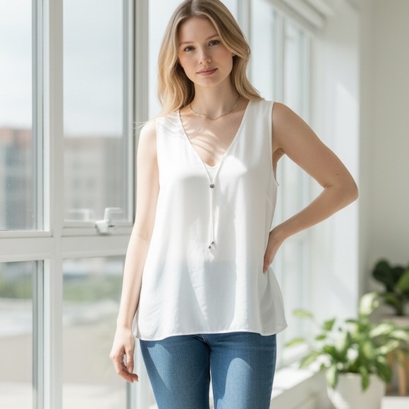 NEW•1X•Creme De La Creme White Chiffon Style Sophisticated Top - Picture 1 of 13